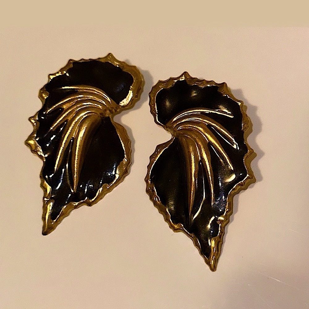 Vintage Ornate 1980s Butterfly Angel Wing Earrings - Black & Gold, Rare